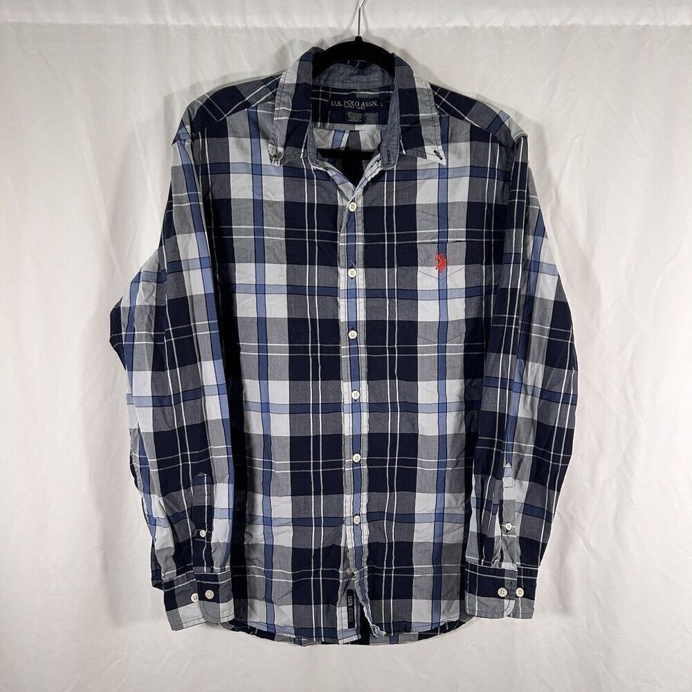 US Polo Assn Dress Shirt Men Large Blue Plaid Button Up Long Sleeve Cotton blend